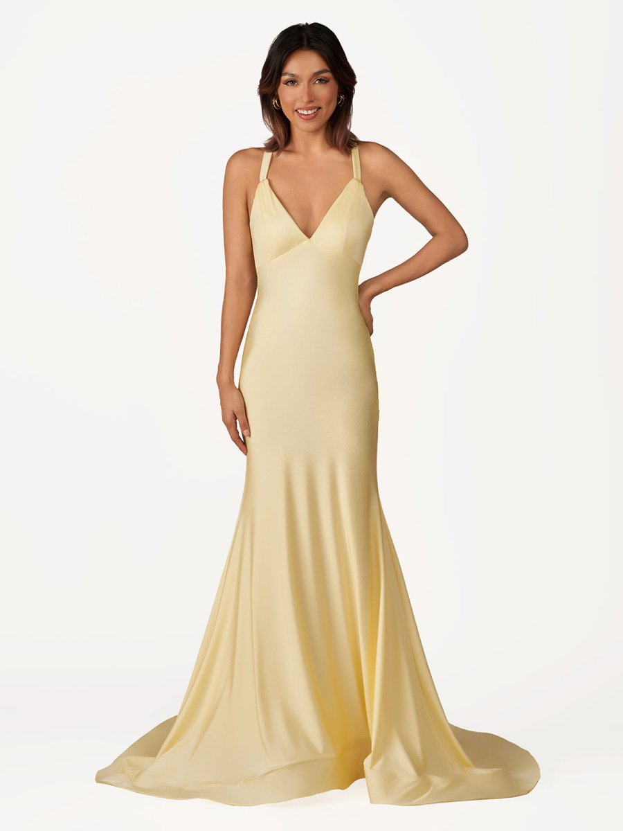 Quaylee | Yellow Mermaid V - Neck Satin Prom Dresses With Tail Evening Dress - KissProm