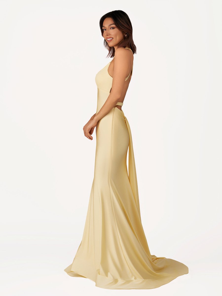 Quaylee | Yellow Mermaid V - Neck Satin Prom Dresses With Tail Evening Dress - KissProm