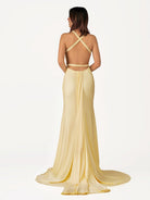 Quaylee | Yellow Mermaid V - Neck Satin Prom Dresses With Tail Evening Dress - KissProm