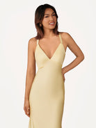 Quaylee | Yellow Mermaid V - Neck Satin Prom Dresses With Tail Evening Dress - KissProm