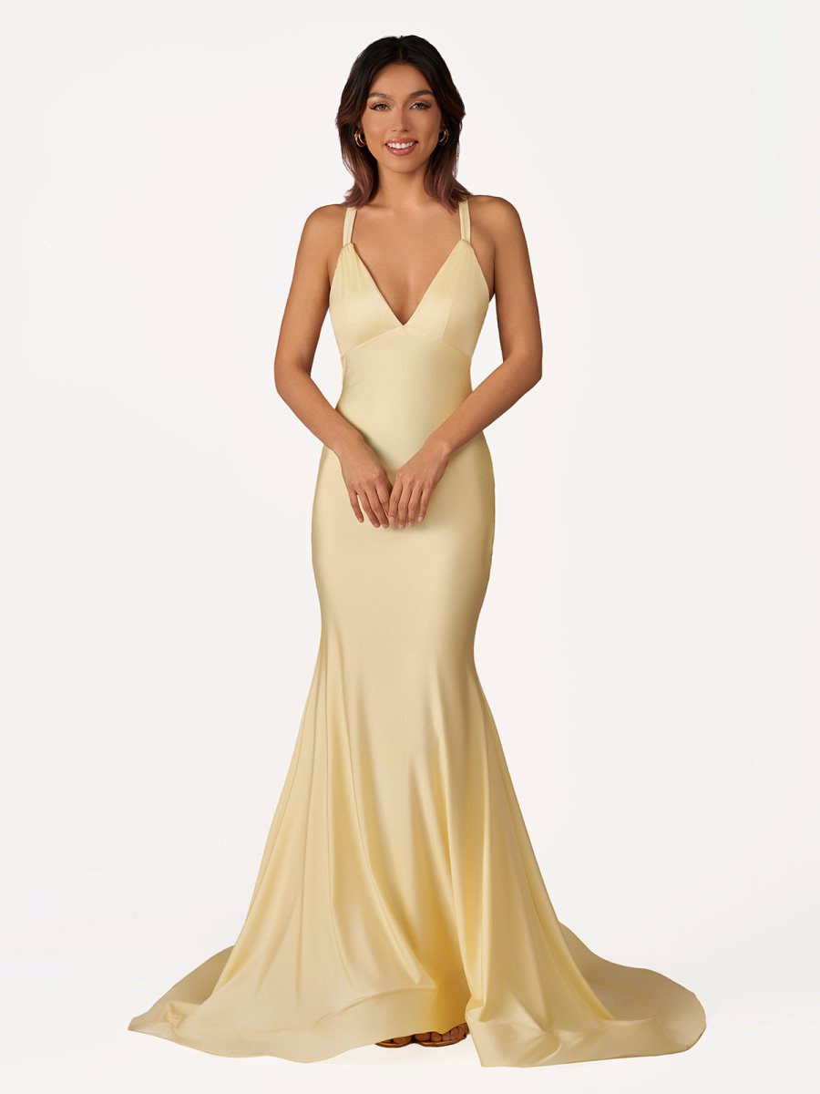 Quaylee | Yellow Mermaid V - Neck Satin Prom Dresses With Tail Evening Dress - KissProm