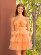 KissProm A Line Tulle Keyhole Halter Short Homecoming Dress with Ruffles | This dress boasts a striking hue, a halter neckline, and charming details like ruffles, pleats, and handmade flowers.