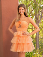 KissProm A Line Tulle Keyhole Halter Short Homecoming Dress with Ruffles | This dress boasts a striking hue, a halter neckline, and charming details like ruffles, pleats, and handmade flowers.