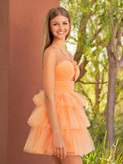 KissProm A Line Tulle Keyhole Halter Short Homecoming Dress with Ruffles | This dress boasts a striking hue, a halter neckline, and charming details like ruffles, pleats, and handmade flowers.