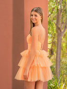 KissProm A Line Tulle Keyhole Halter Short Homecoming Dress with Ruffles | This dress boasts a striking hue, a halter neckline, and charming details like ruffles, pleats, and handmade flowers.