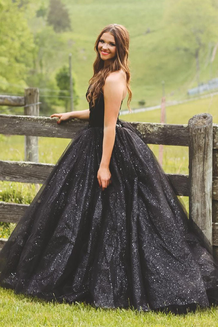 Quinceanera Dress Glitter Sweetheart Black Long Prom Ball Gown