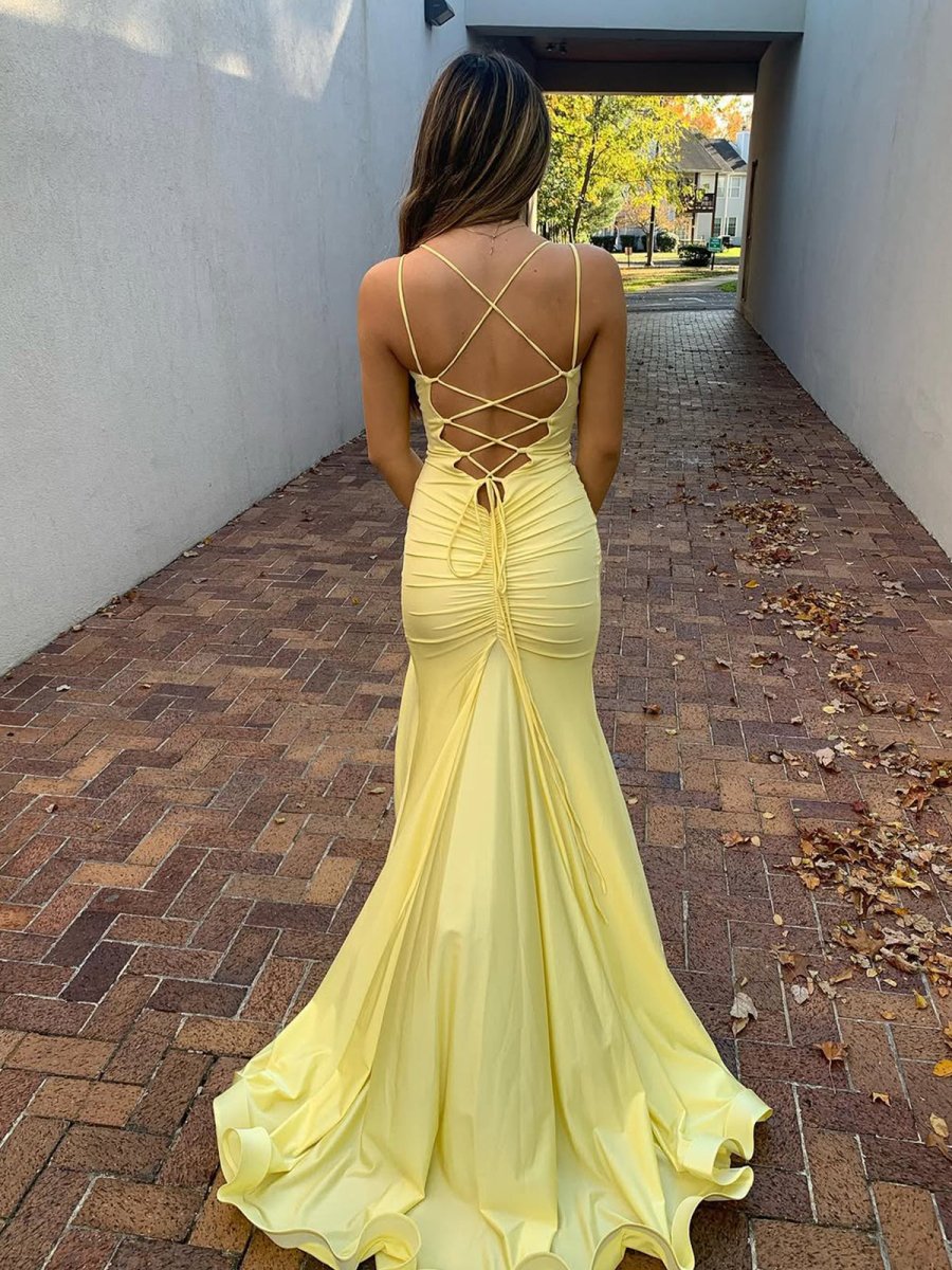 Quinlee | Yellow V Neck Satin Mermaid Long Prom Dress With Split - KissProm