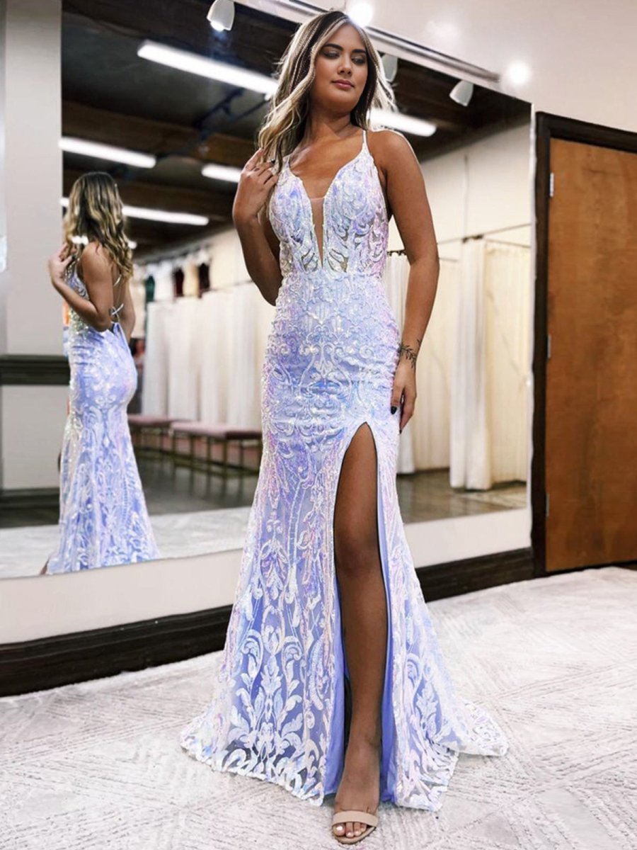 Raddix | Mermaid Deep V Neck Blue Sequins Lace Long Prom Dresses with Slit - KissProm