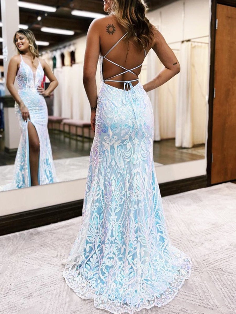 Raddix | Mermaid Deep V Neck Blue Sequins Lace Long Prom Dresses with Slit - KissProm