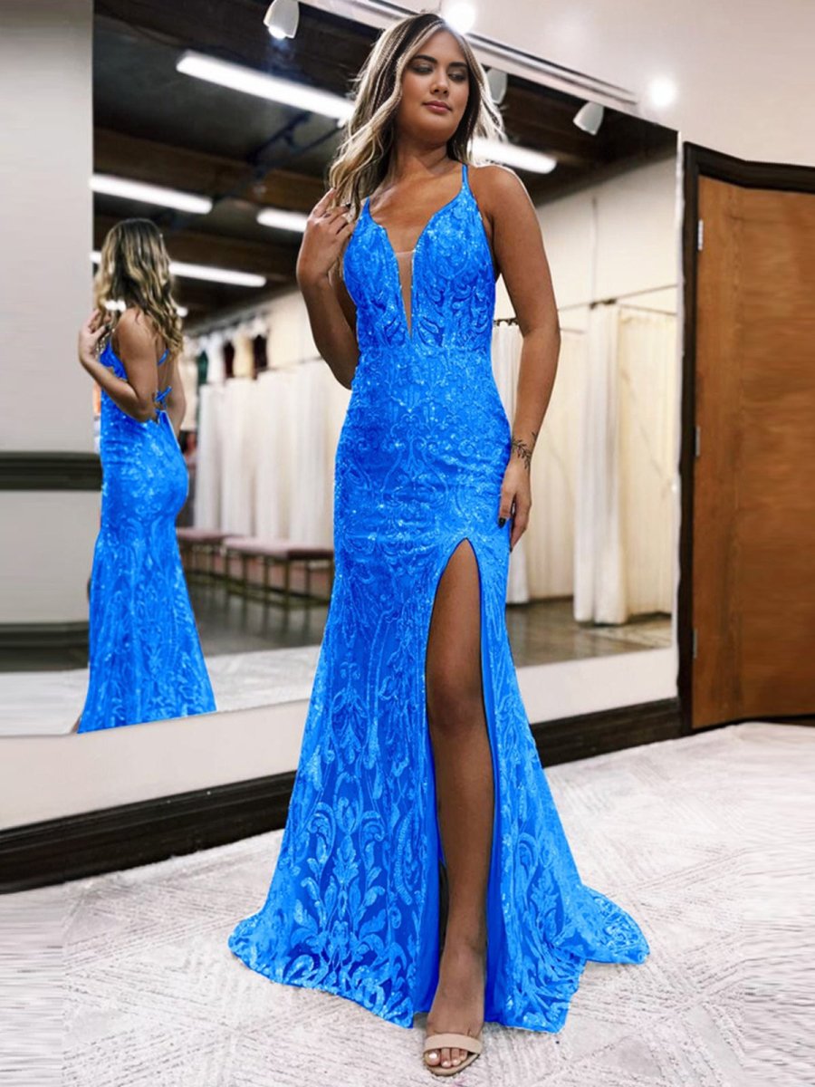 Raddix | Mermaid Deep V Neck Blue Sequins Lace Long Prom Dresses with Slit - KissProm