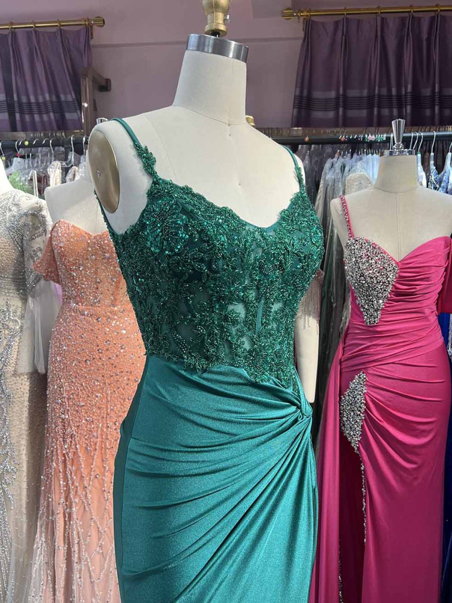 Rafenild | Green V Neck Beading Satin Long Slit Prom Dresses - KissProm