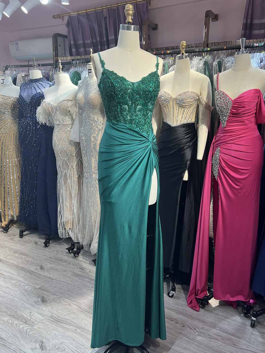 Rafenild | Green V Neck Beading Satin Long Slit Prom Dresses - KissProm