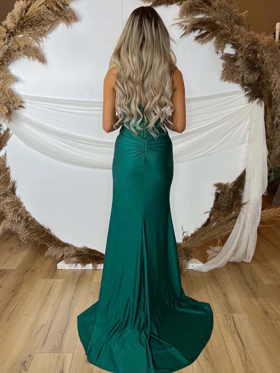 Rafenild | Green V Neck Beading Satin Long Slit Prom Dresses - KissProm