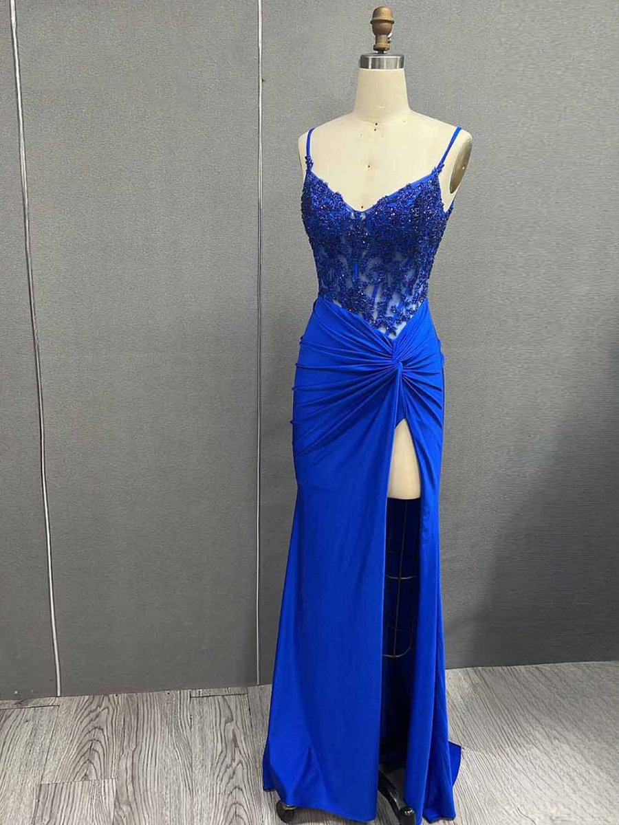 Rafenild | Green V Neck Beading Satin Long Slit Prom Dresses - KissProm