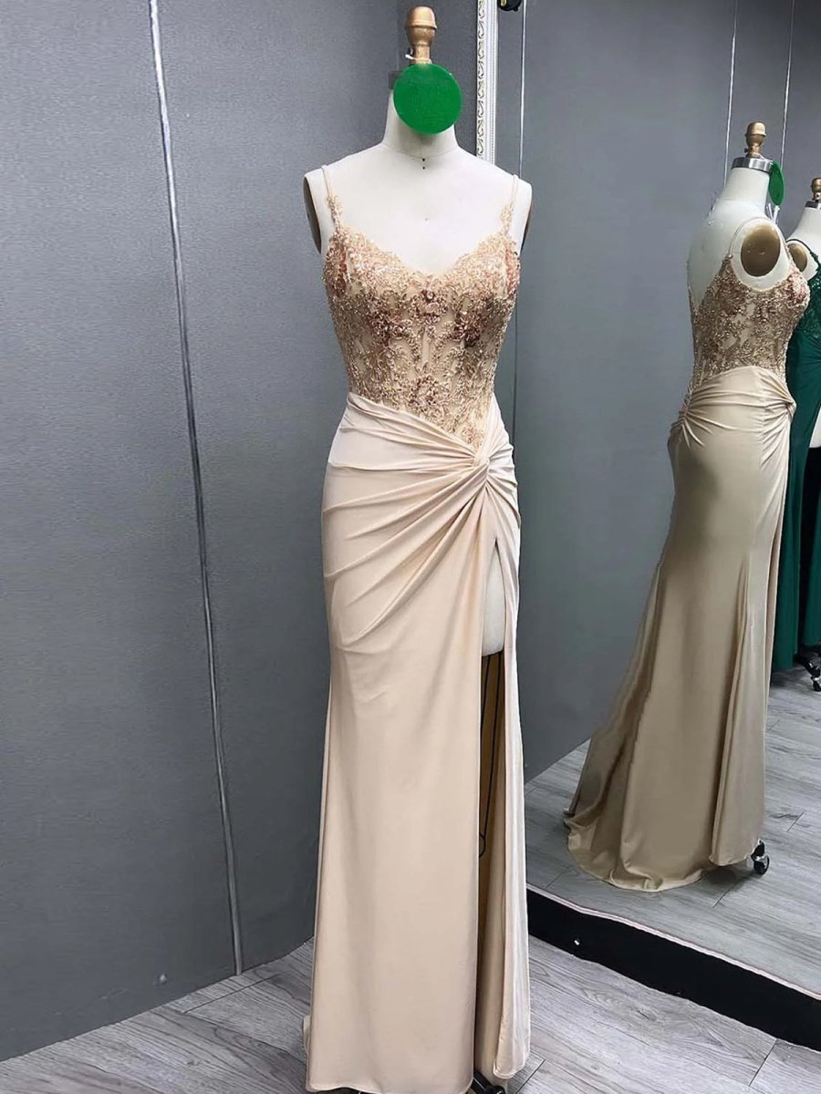 Rafenild | Green V Neck Beading Satin Long Slit Prom Dresses - KissProm