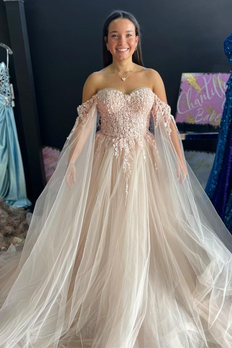 Ralap | Blush Pink 3D Floral Lace Off - the - Shoulder Ball Gown - KissProm