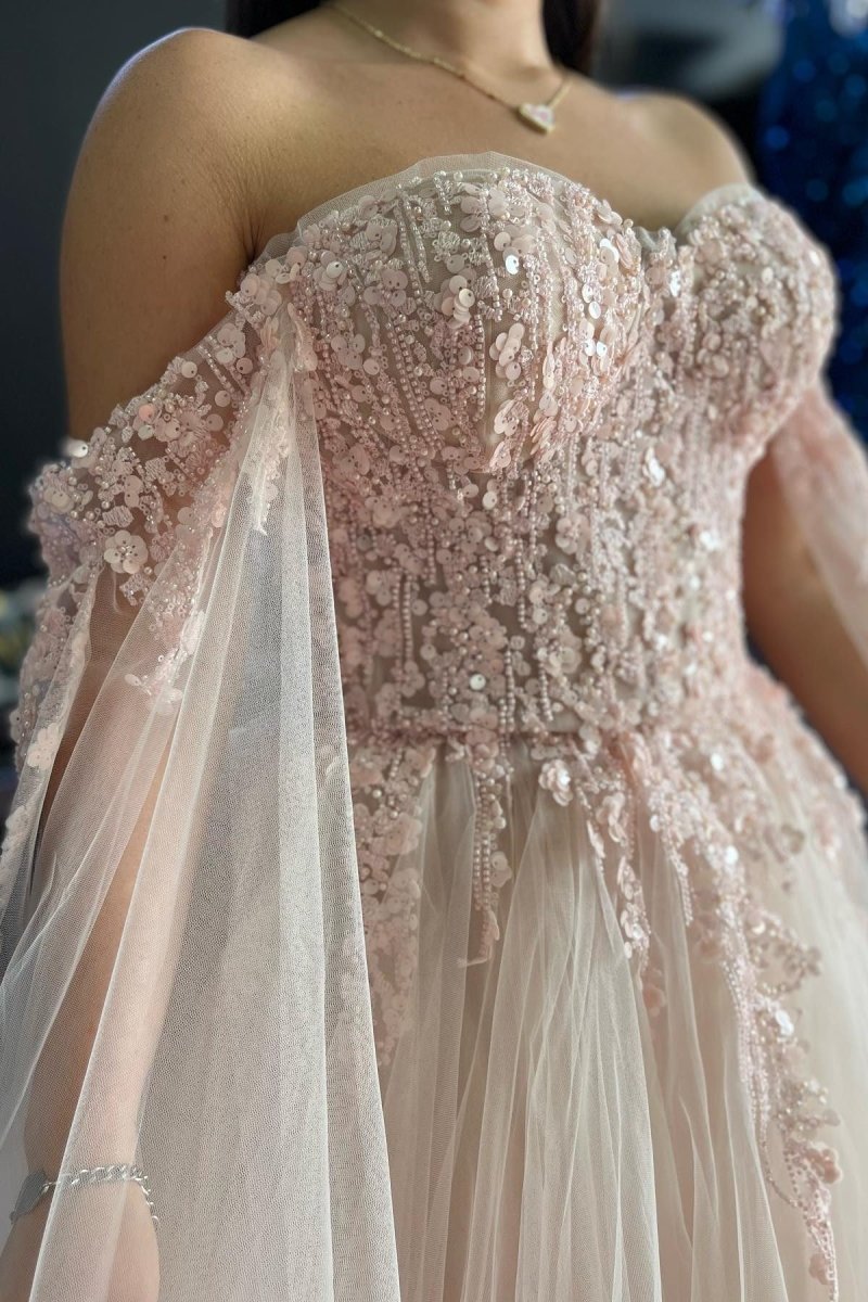 Ralap | Blush Pink 3D Floral Lace Off - the - Shoulder Ball Gown - KissProm