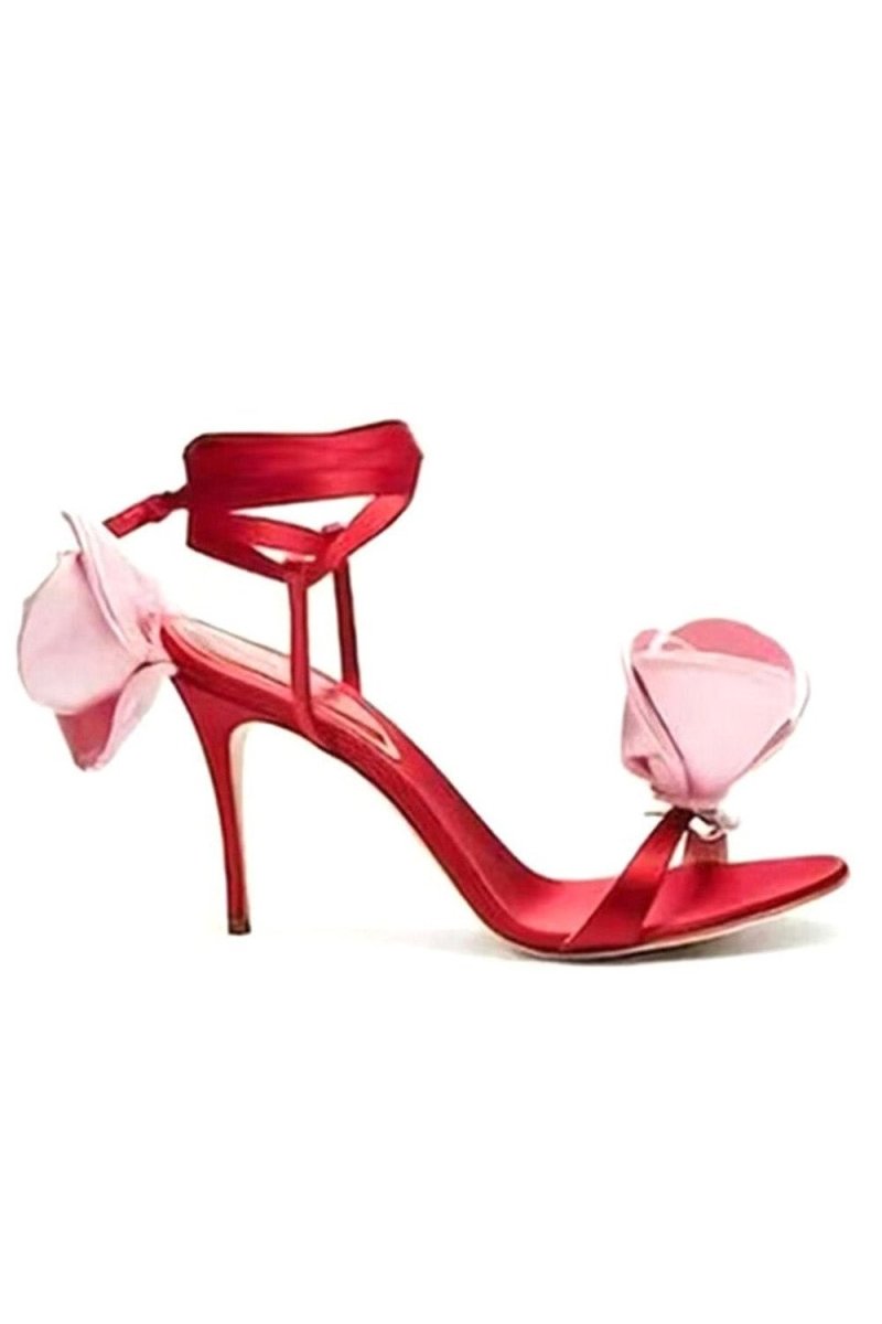 Red Flower Lace Up High Heel Sandals - KissProm