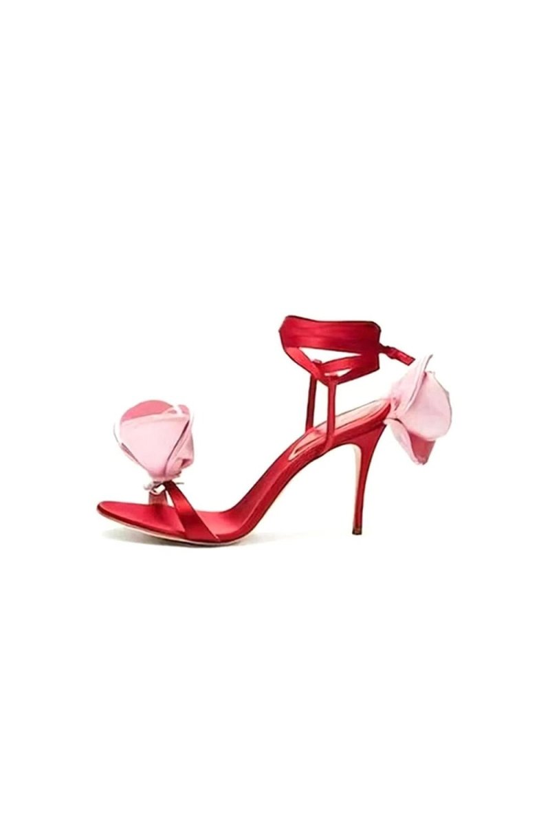 Red Flower Lace Up High Heel Sandals - KissProm