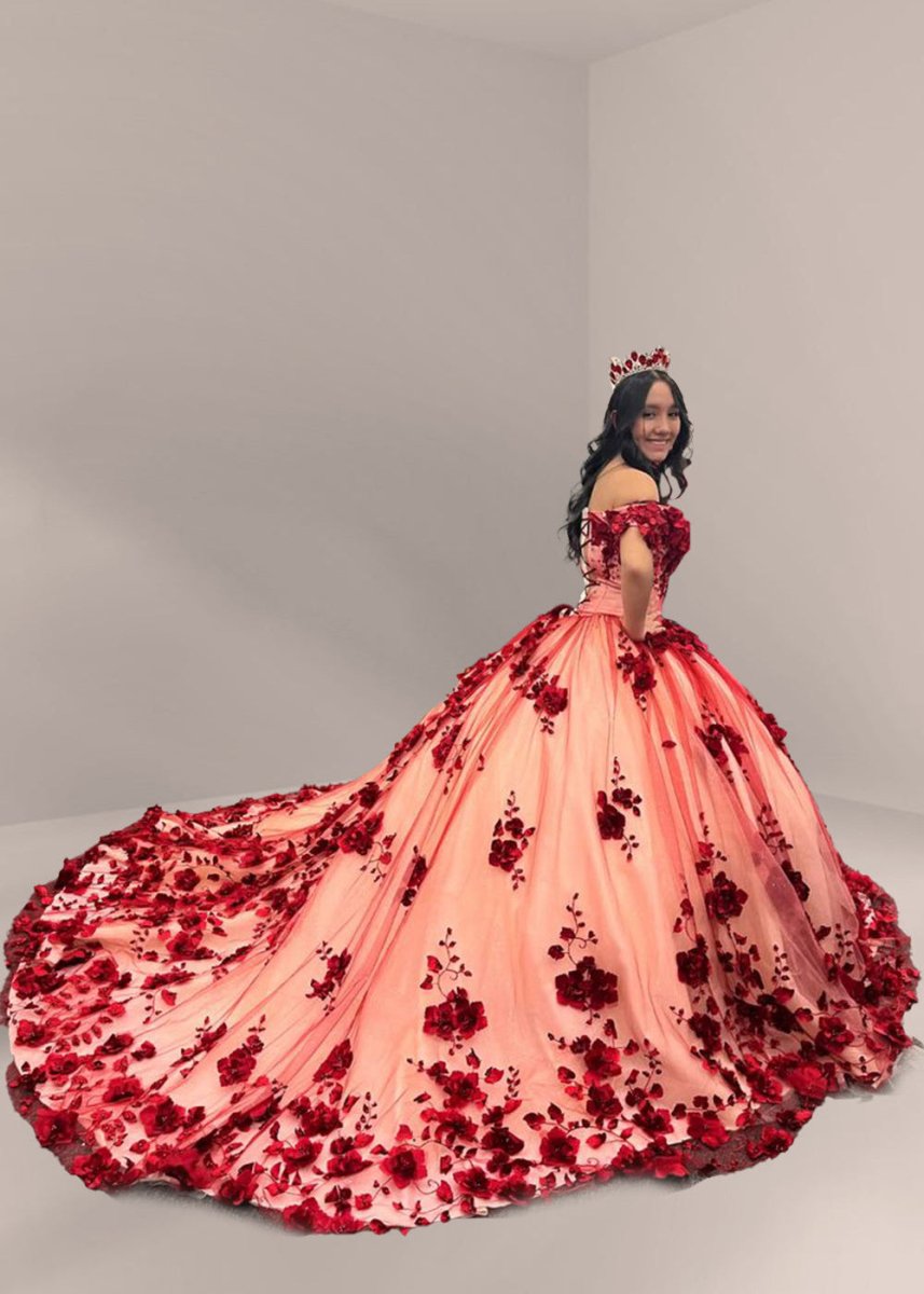 Red Lace Quinceanera Dresses Ball Gown Off shoulder Dress - KissProm