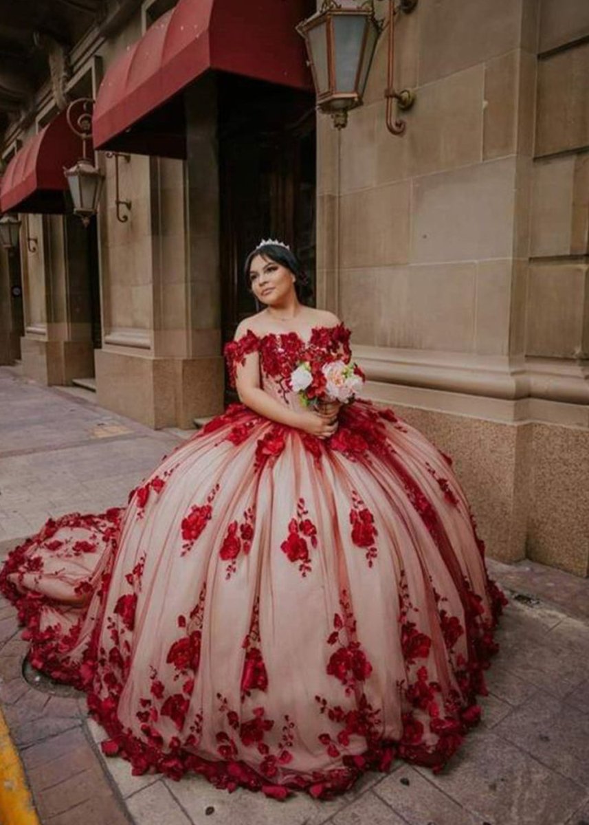 Red Lace Quinceanera Dresses Ball Gown Off shoulder Dress - KissProm