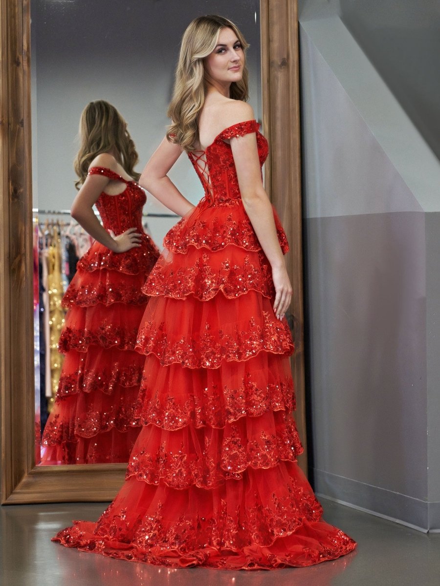 Red Princess A Line Off the Shoulder Corset Prom Dress with Lace Ruffles - KissProm