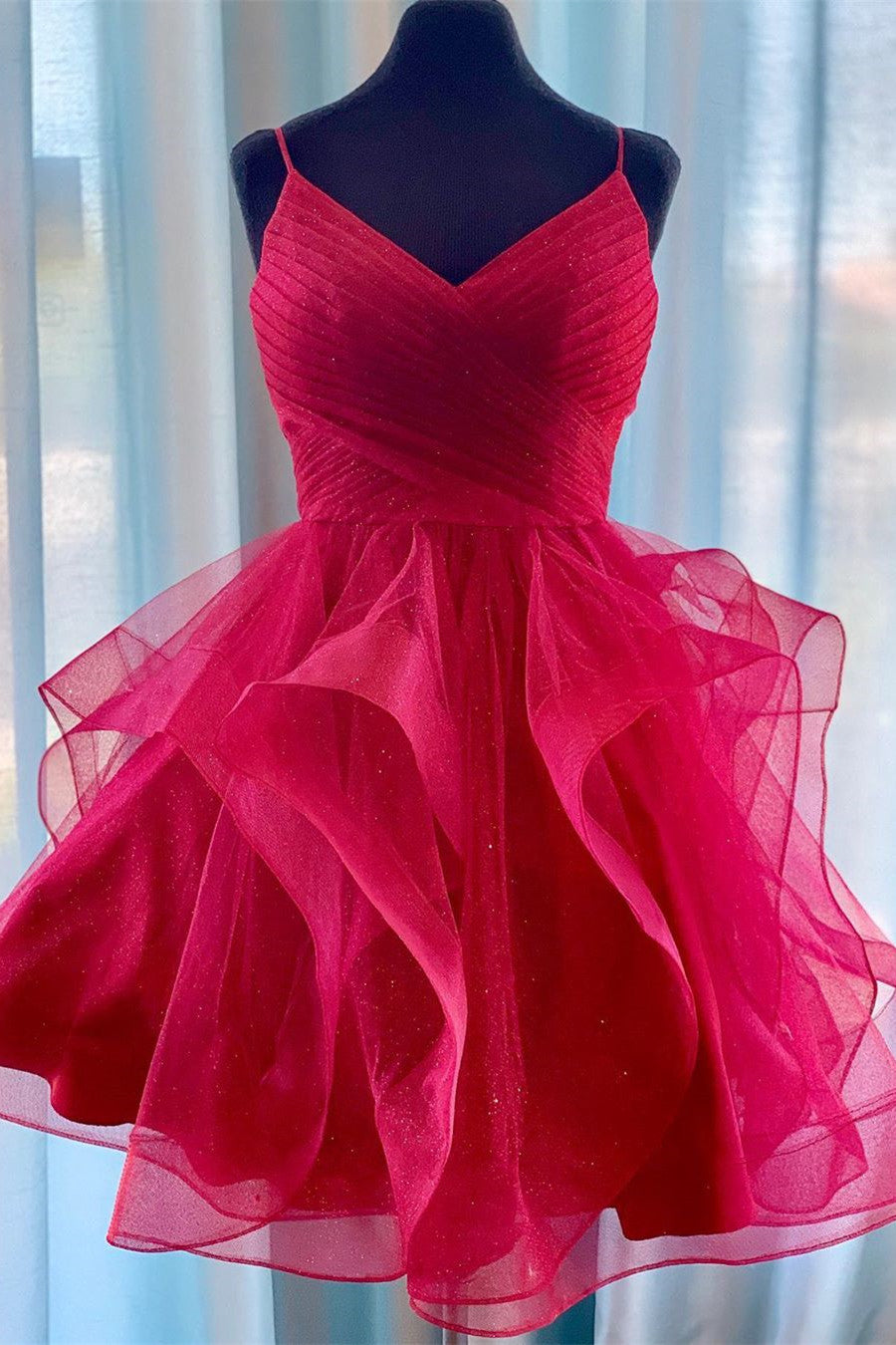 Red Ruffled Tulle Short Homecoming Dress