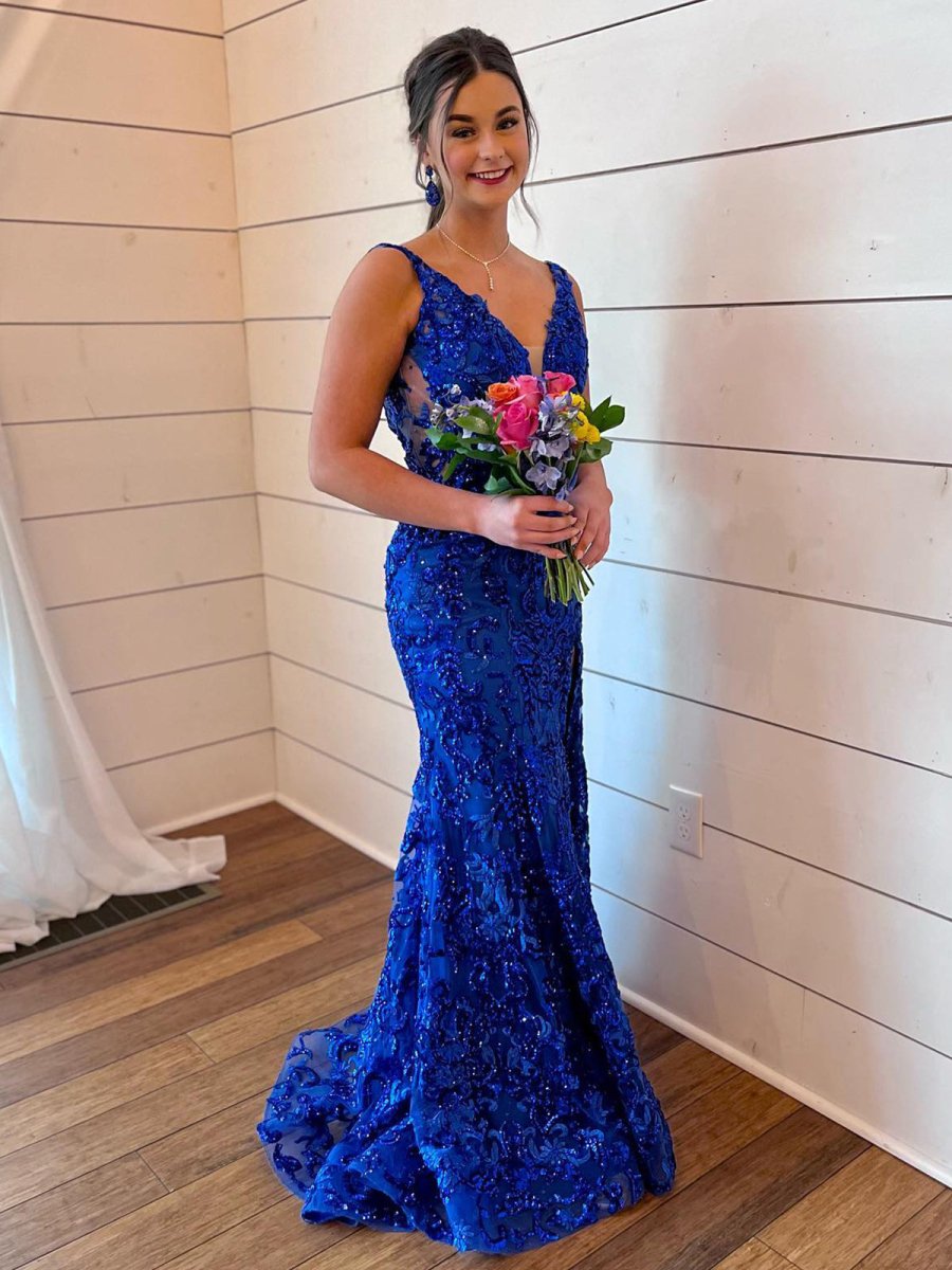 Avianna |Mermaid V Neck Sequined Lace Prom Dress with Slit - KissProm