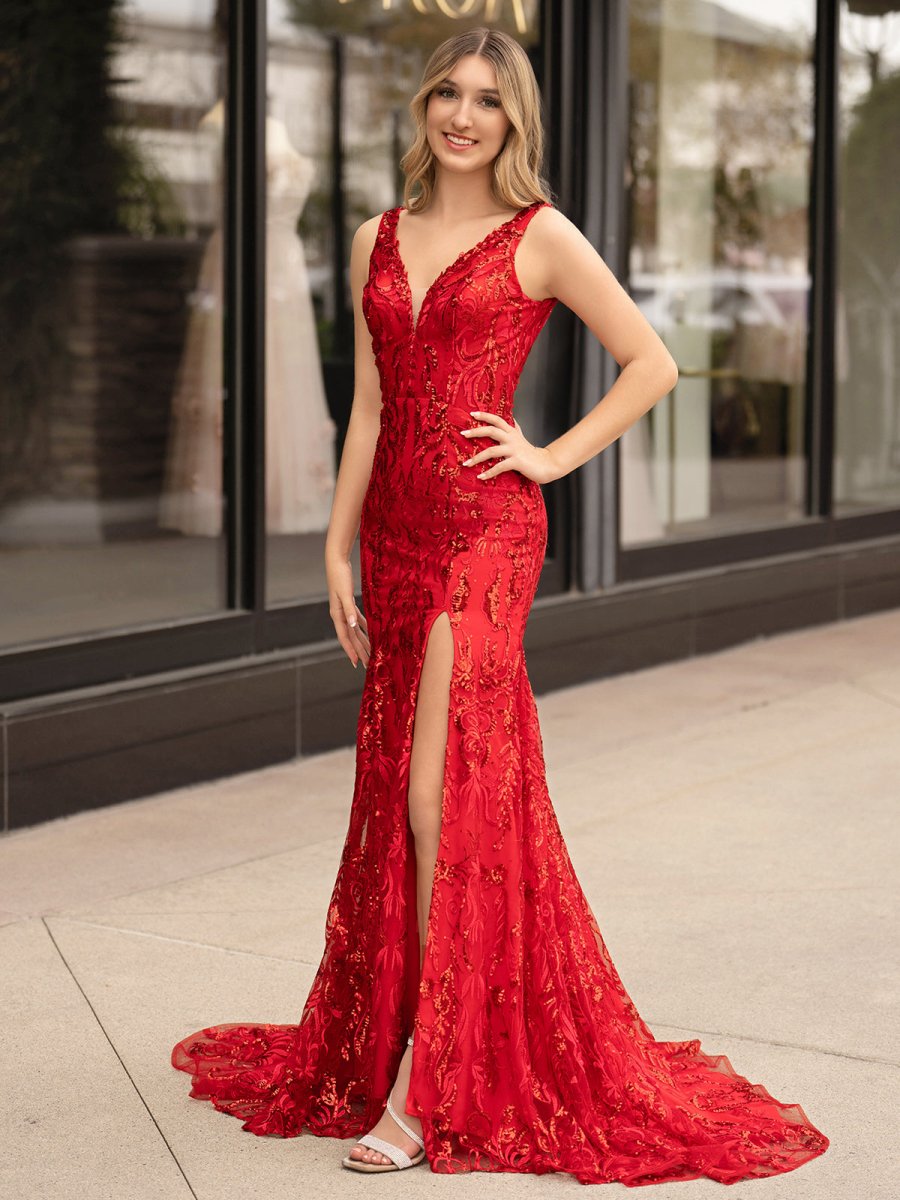 Avianna |Mermaid V Neck Sequined Lace Prom Dress with Slit - KissProm