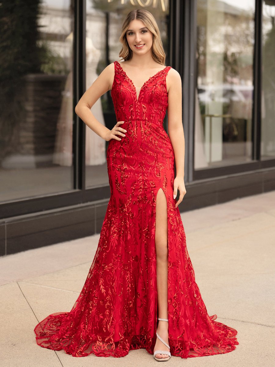 Avianna |Mermaid V Neck Sequined Lace Prom Dress with Slit - KissProm