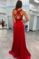 Rylan| Red Velvet Plunge V Cross Back A - Line Long Formal Dress - KissProm