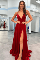 Rylan| Red Velvet Plunge V Cross Back A - Line Long Formal Dress - KissProm