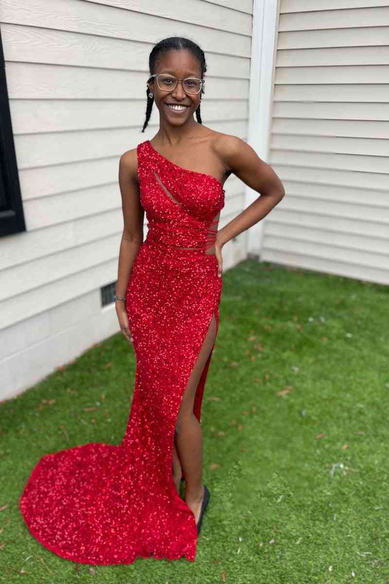 Red sequin hot sale slit dress