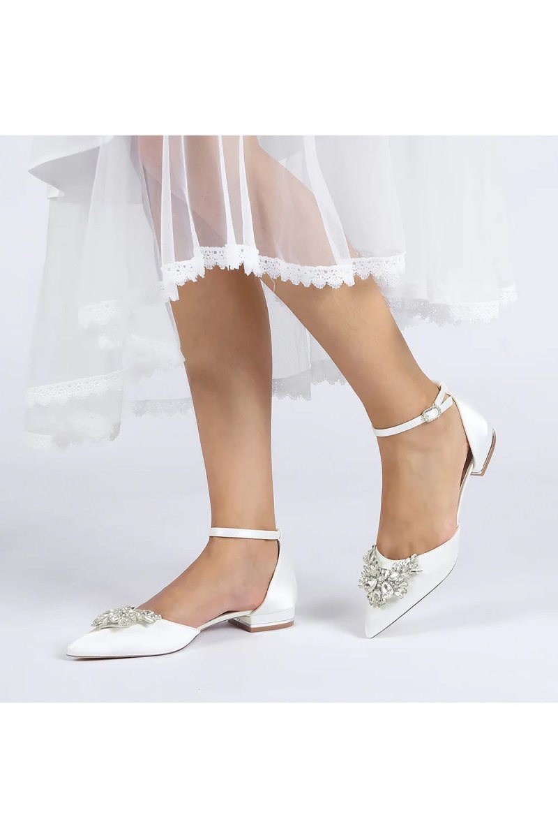 Rhinestone Pointed Toe Ankle Strap Kitten Heels - KissProm