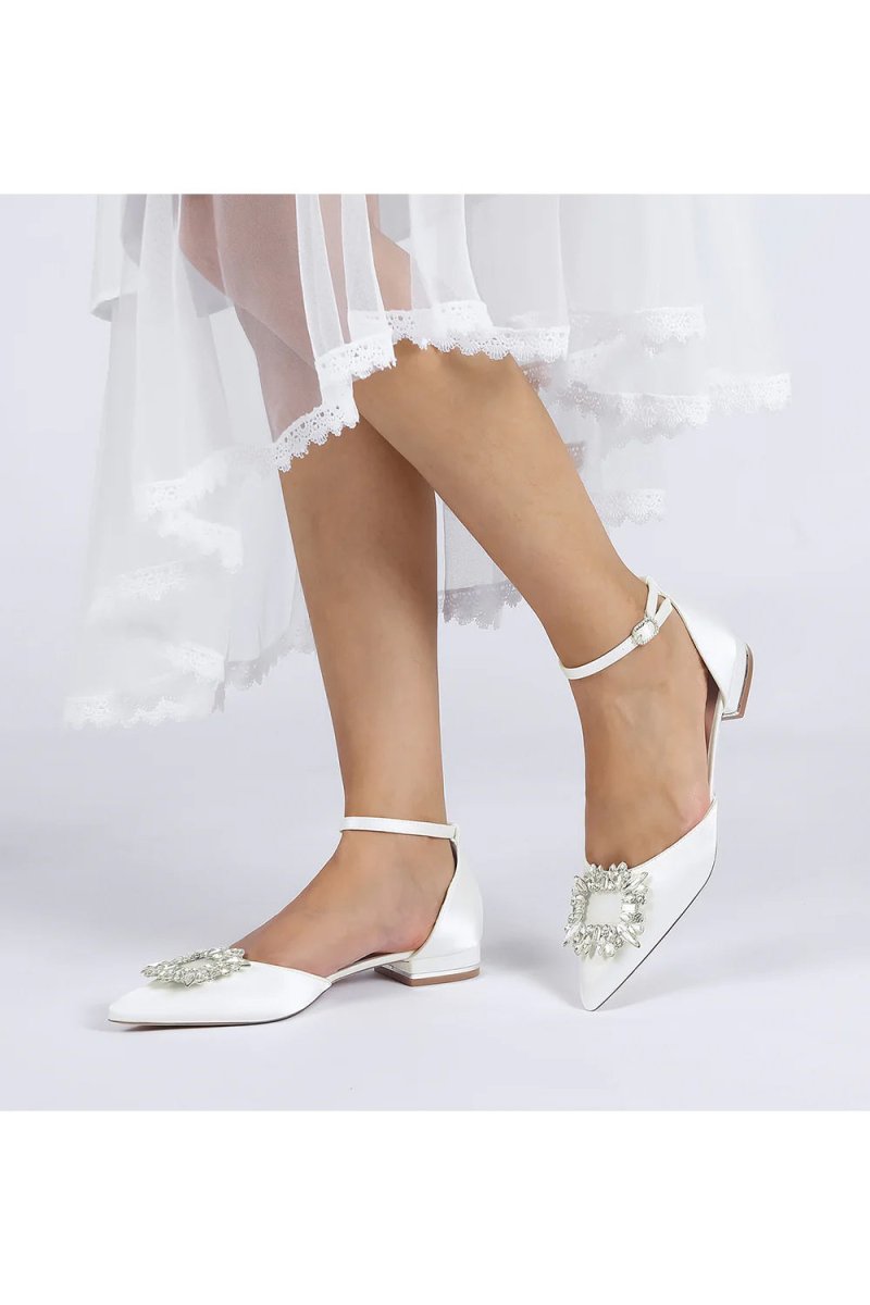 Rhinestone Pointed Toe Ankle Strap Satin Kitten Heels - KissProm