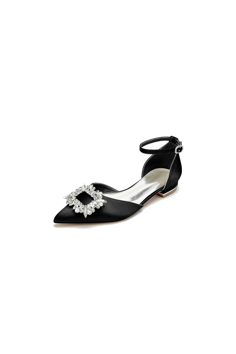 Rhinestone Pointed Toe Ankle Strap Satin Kitten Heels - KissProm