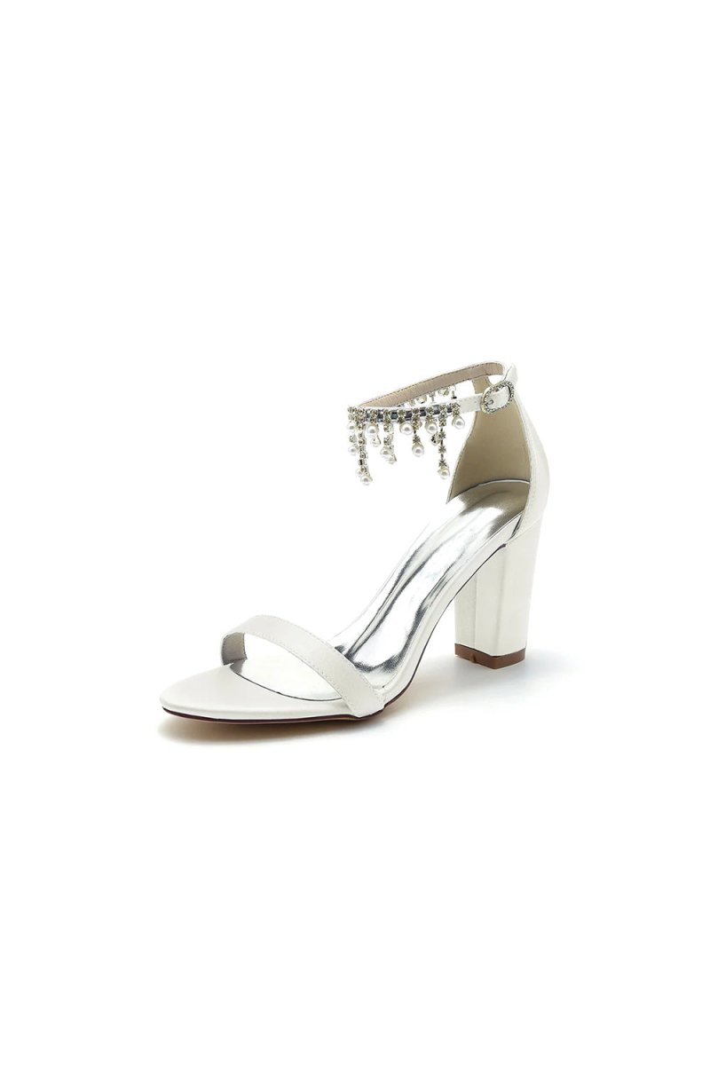 Open Toe Block Heels with Rhinestone Tassel - KissProm