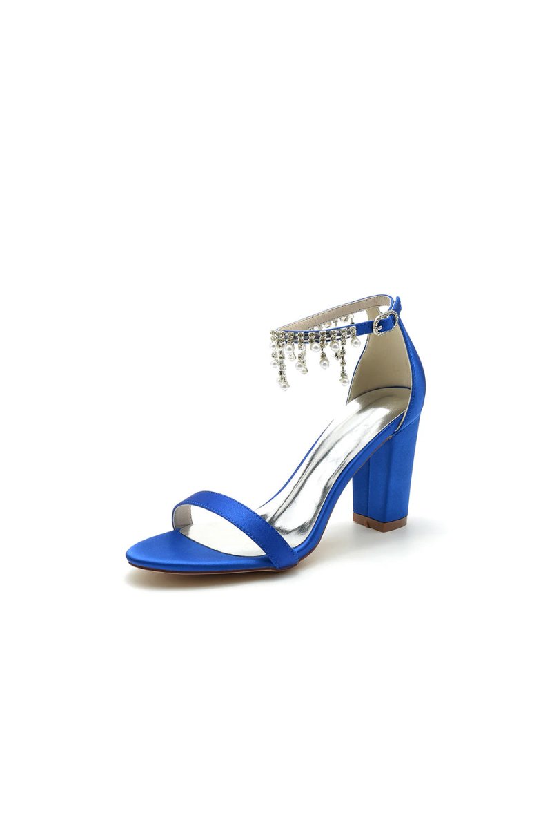 Open Toe Block Heels with Rhinestone Tassel - KissProm