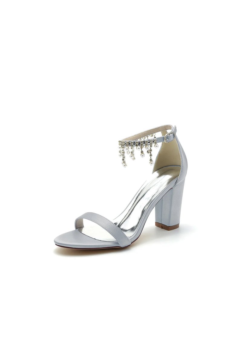 Open Toe Block Heels with Rhinestone Tassel - KissProm