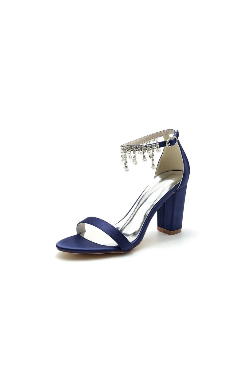 Open Toe Block Heels with Rhinestone Tassel - KissProm