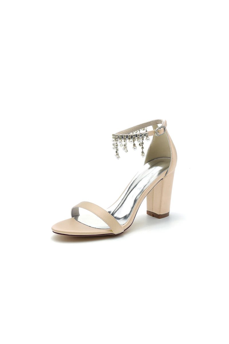 Open Toe Block Heels with Rhinestone Tassel - KissProm