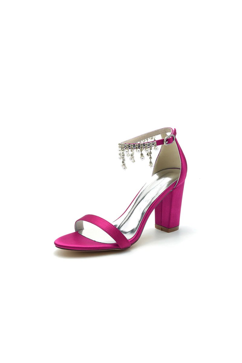 Open Toe Block Heels with Rhinestone Tassel - KissProm