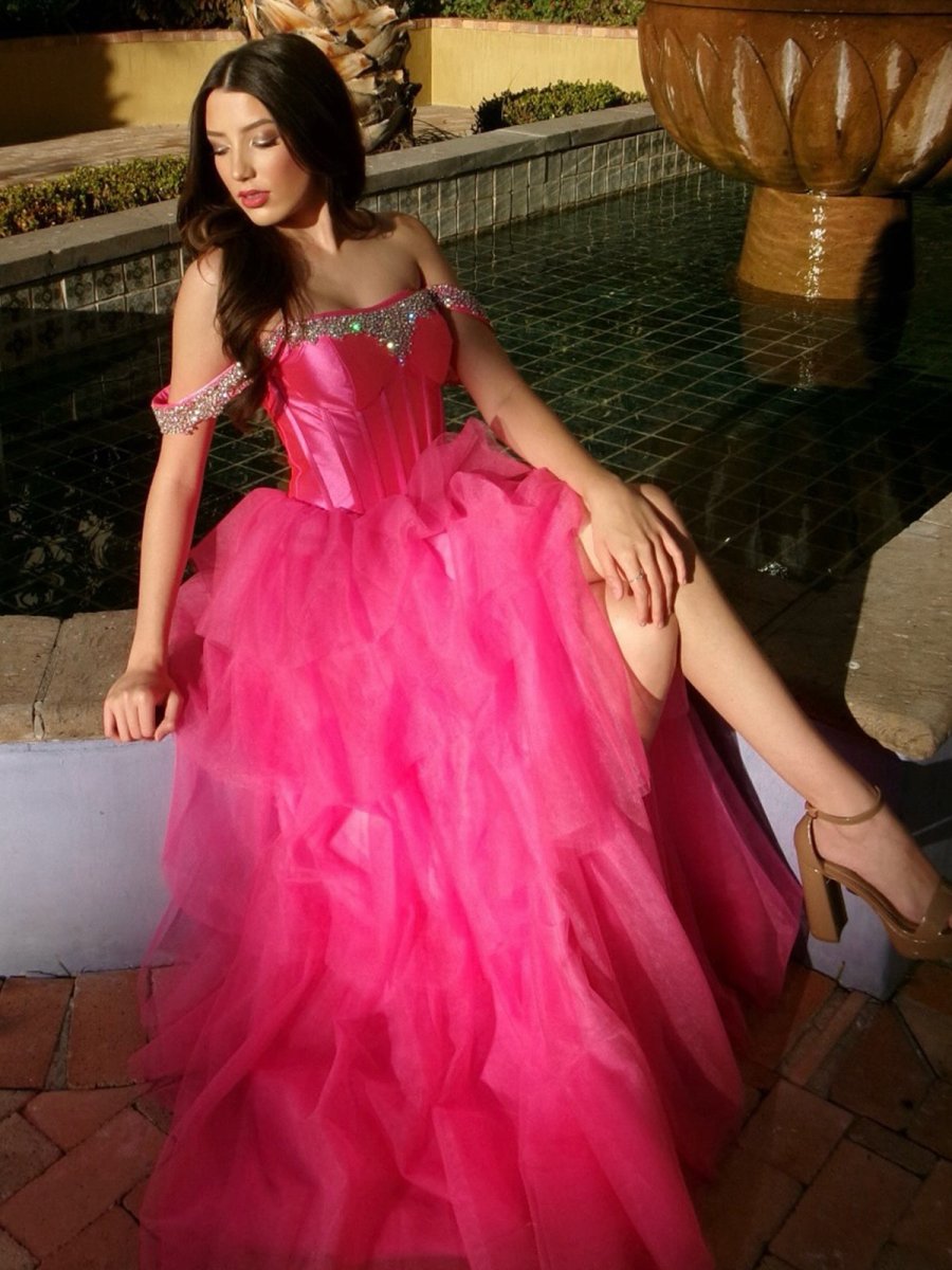 Robenia | A Line Off the Shoulder Hot Pink Tulle Long Prom Dresses with Beading - KissProm