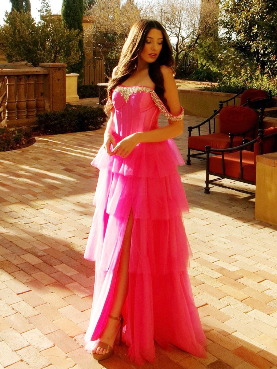 Robenia | A Line Off the Shoulder Hot Pink Tulle Long Prom Dresses with Beading - KissProm