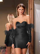 KissProm Sheath Satin Strapless Fitted Homecoming Dress with Long Sleeves | This striking short fitted dress features a flattering sweetheart neckline and luxurious stretch satin that hugs the body beautifully.