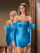 KissProm Sheath Satin Strapless Fitted Homecoming Dress with Long Sleeves | This striking short fitted dress features a flattering sweetheart neckline and luxurious stretch satin that hugs the body beautifully.