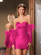 KissProm Sheath Satin Strapless Fitted Homecoming Dress with Long Sleeves | This striking short fitted dress features a flattering sweetheart neckline and luxurious stretch satin that hugs the body beautifully.