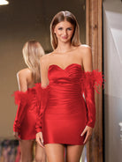 KissProm Sheath Satin Strapless Fitted Homecoming Dress with Long Sleeves | This striking short fitted dress features a flattering sweetheart neckline and luxurious stretch satin that hugs the body beautifully.