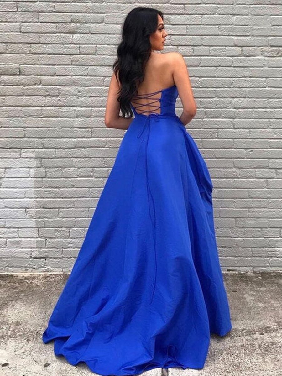 Rosario | A Line Sweetheart Satin Long Prom Dresses with Slit - KissProm