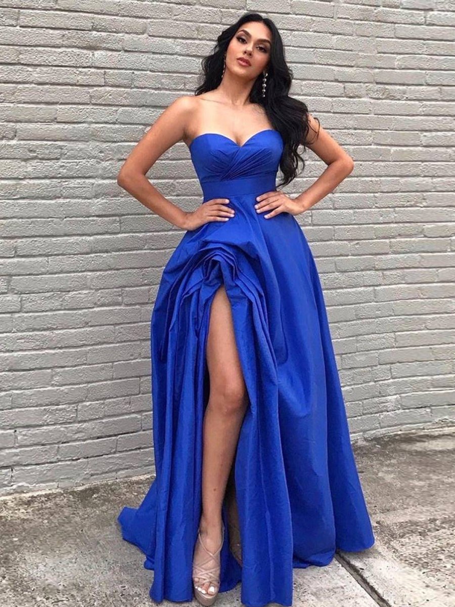 Rosario | A Line Sweetheart Satin Long Prom Dresses with Slit - KissProm